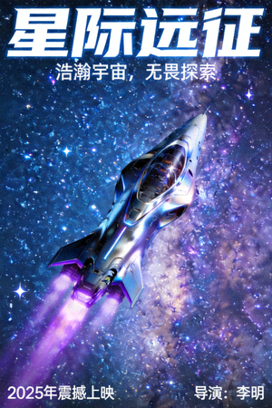 科幻剧《星际远征》海报，飞船航行在璀璨星河中