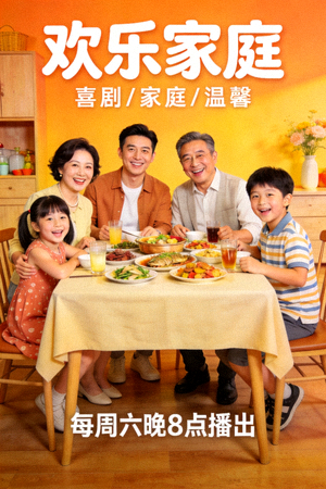 喜剧剧《欢乐家庭》海报，一家人围坐在餐桌前欢笑